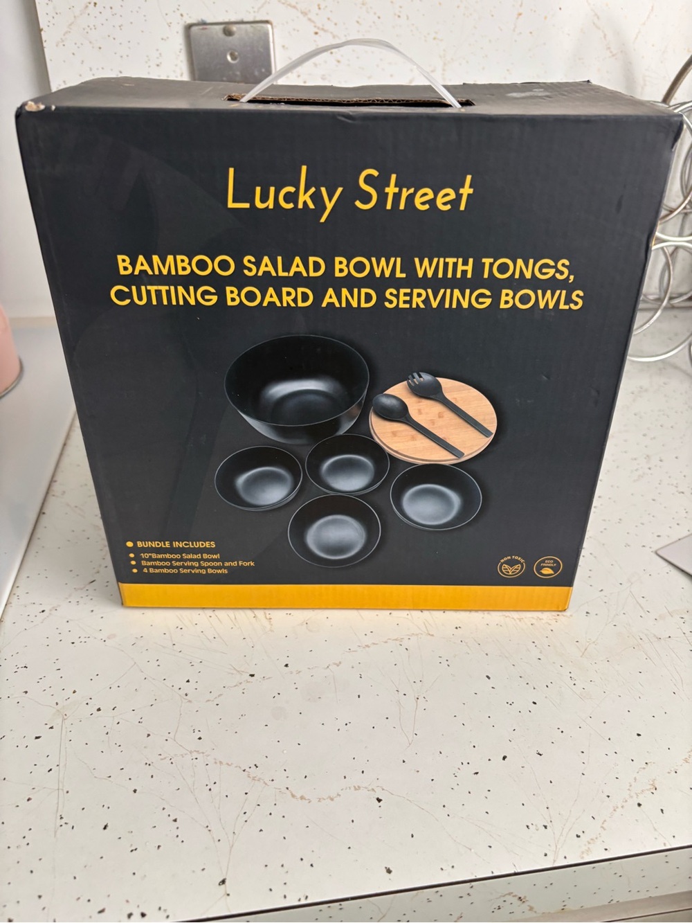 Lucky Street Bamboo Salad Bowl Set with Tongs and Serving Bowls - Black